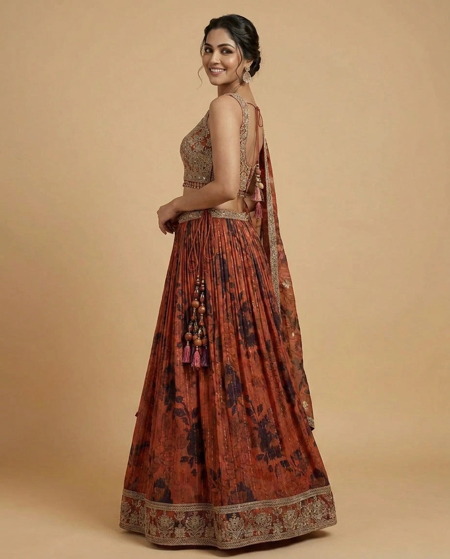 Red Fandy Tissue Croptop Lehenga with Printed Border - Rangoli India