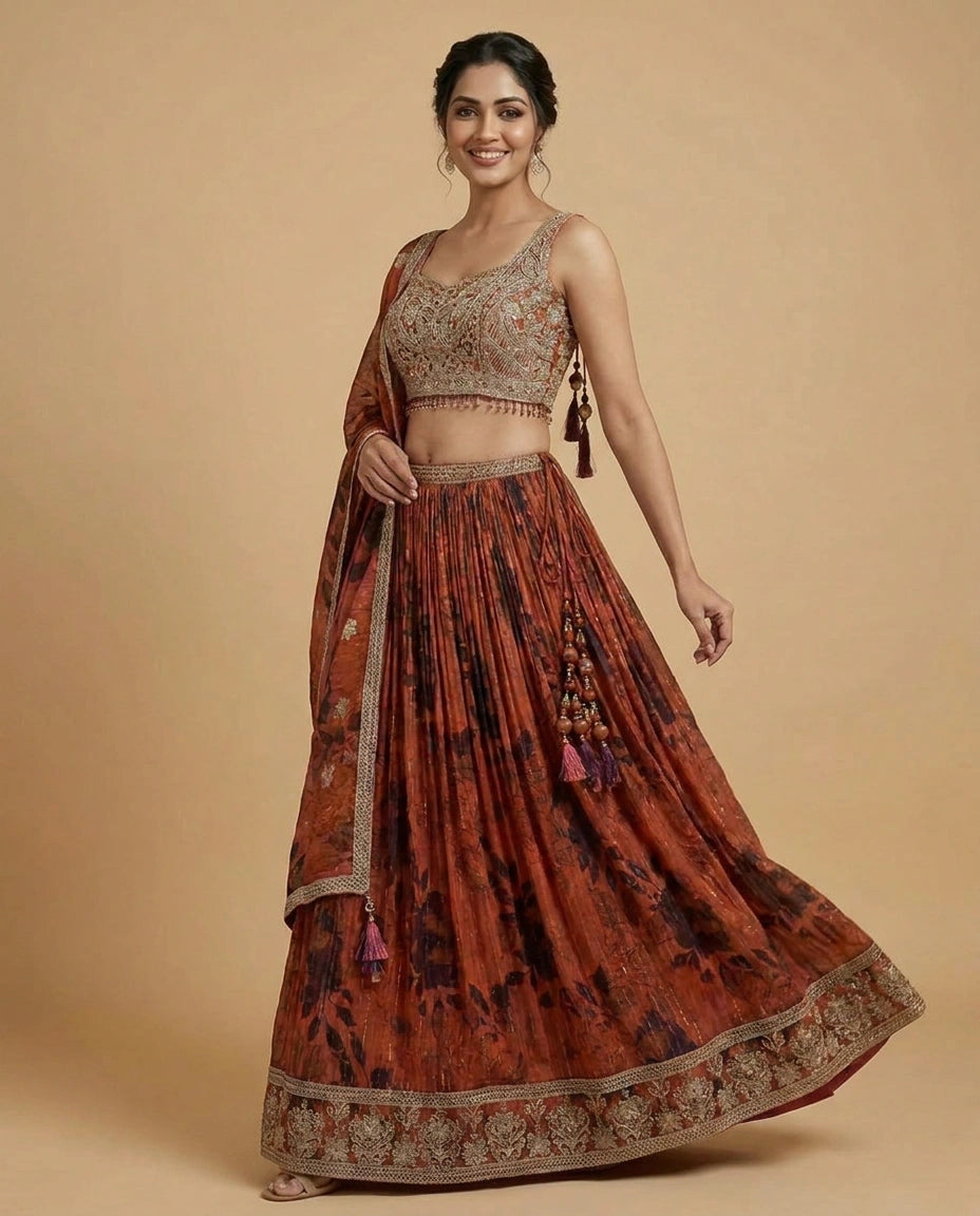 Red Fandy Tissue Croptop Lehenga with Printed Border - Rangoli India