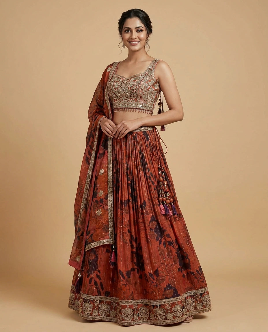 Red Fandy Tissue Croptop Lehenga with Printed Border - Rangoli India