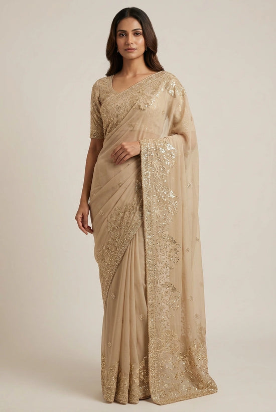 Beige Organza Saree with Hand Embroidery Embroidered Saree by Rangoli