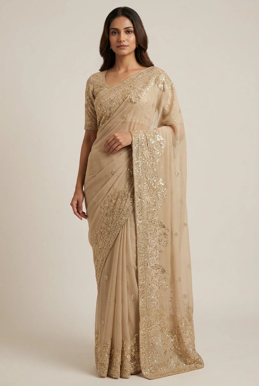 Beige Organza Embroidered Saree for Festive Evening