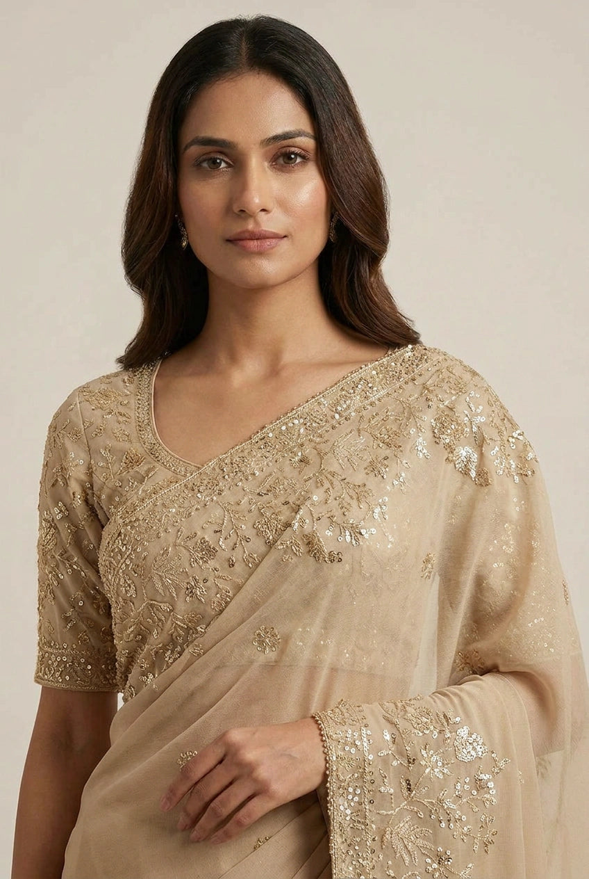 Beige Organza Saree with Hand Embroidery