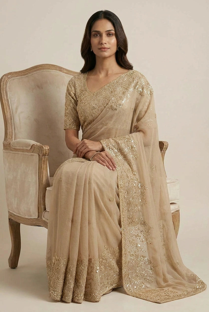 Beige Organza Saree with Hand Embroidery