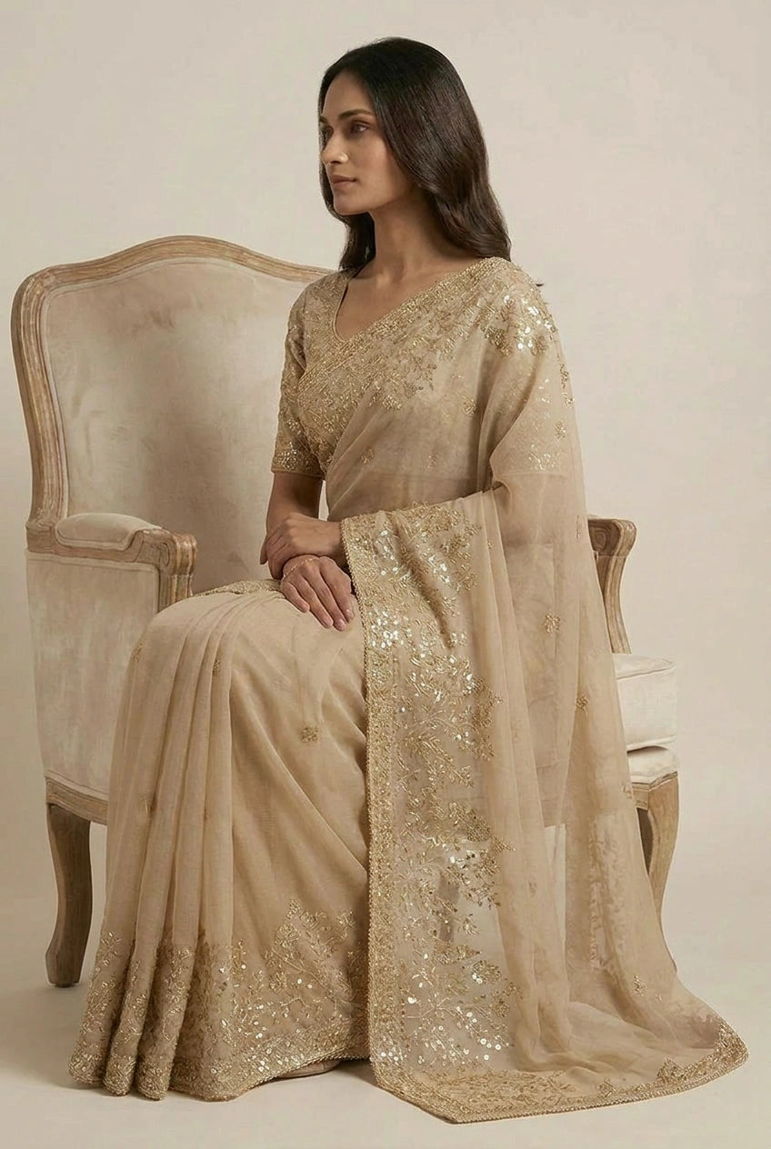 Beige Organza Embroidered Saree for Festive Evening