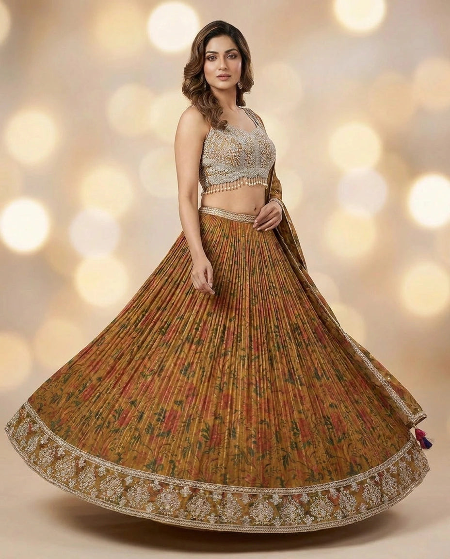 Tissue Croptop Lehenga with Mirror Work Flared Lehenga for Women - Rangoli India