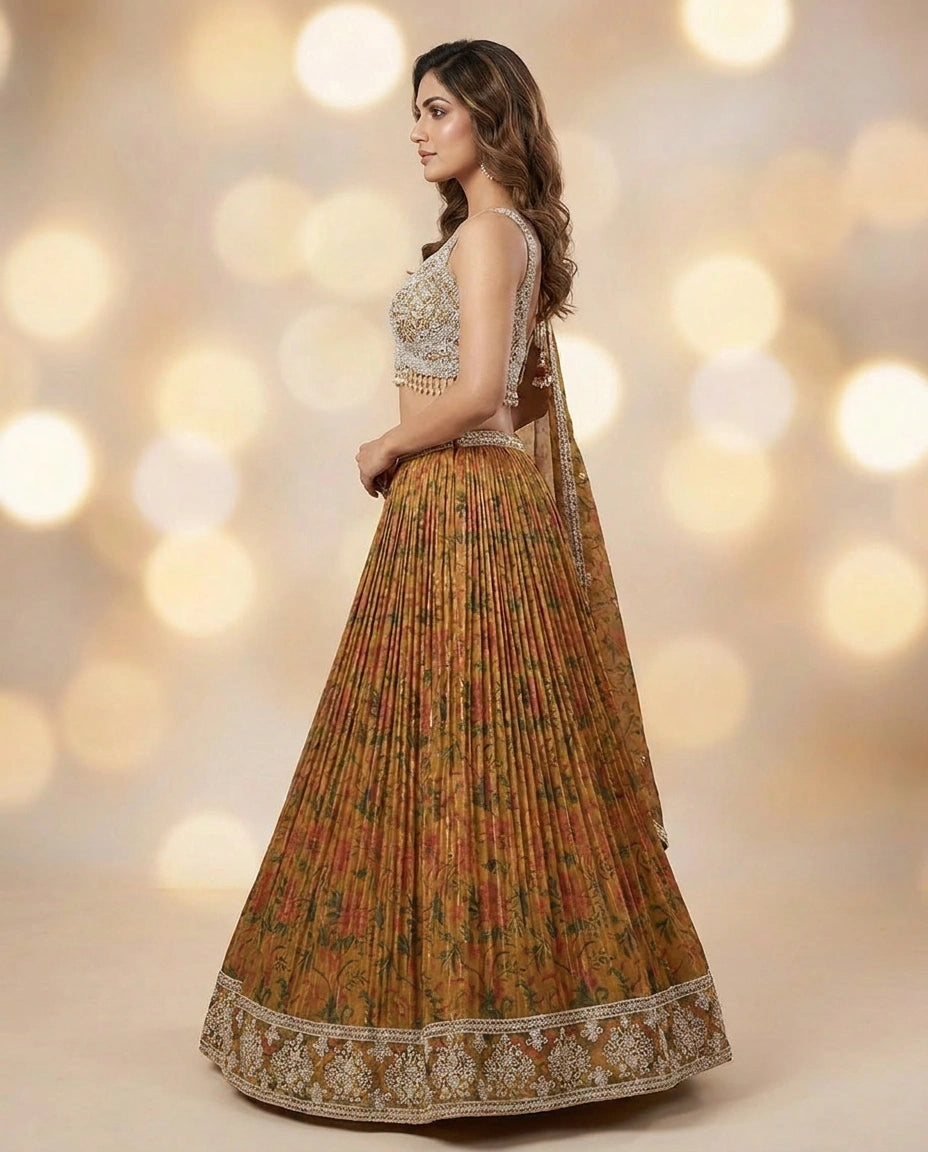 Tissue Croptop Lehenga with Mirror Work Flared Lehenga for Women - Rangoli India