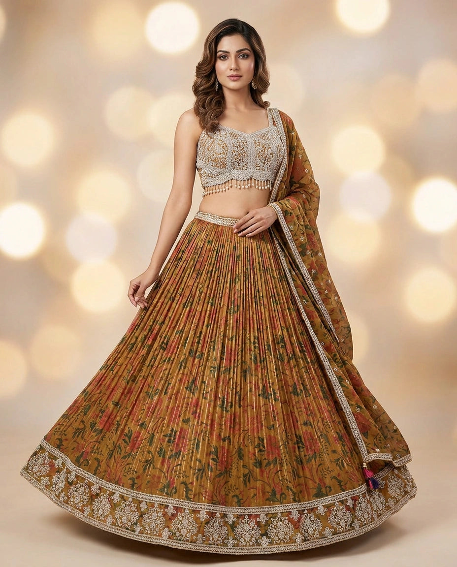 Tissue Croptop Lehenga with Mirror Work Flared Lehenga for Women - Rangoli India
