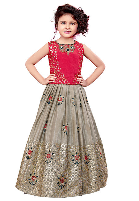 Hot Pink And Beige Color Satin Silk Kids Lehenga (031871481)