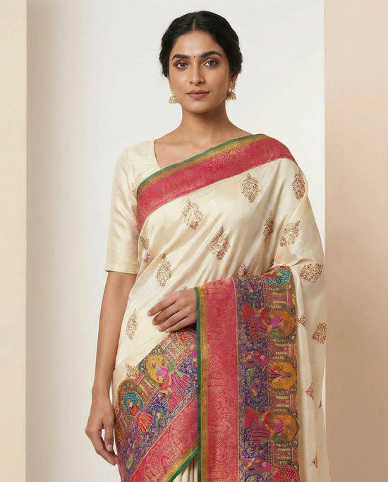 Dola Silk Saree with Hand-Embroidered Border Pallu Work by Rangoli
