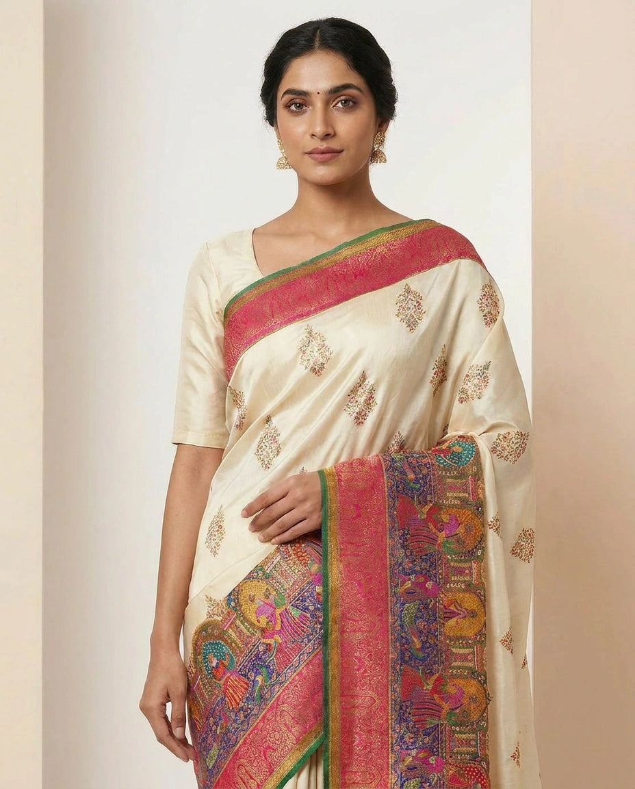 Dola Silk Saree with Hand-Embroidered Border Pallu Work