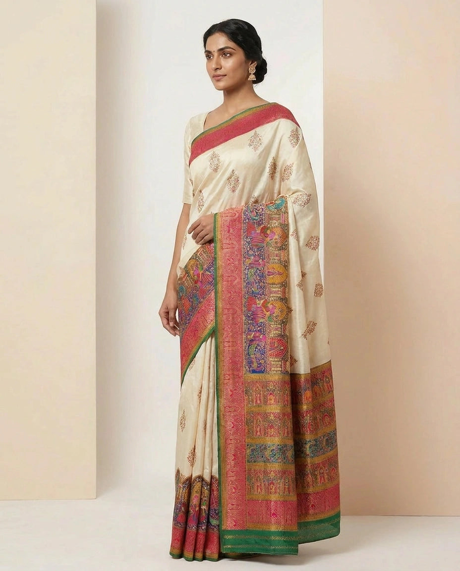 Dola Silk Saree with Hand-Embroidered Border Pallu Work by Rangoli