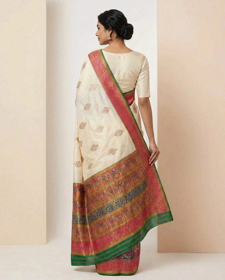 Dola Silk Saree with Hand-Embroidered Border Pallu Work by Rangoli