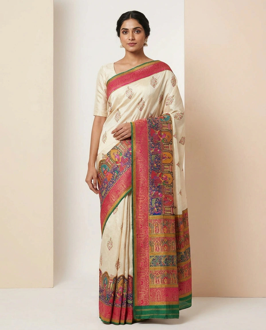 Dola Silk Saree with Hand-Embroidered Border Pallu Work