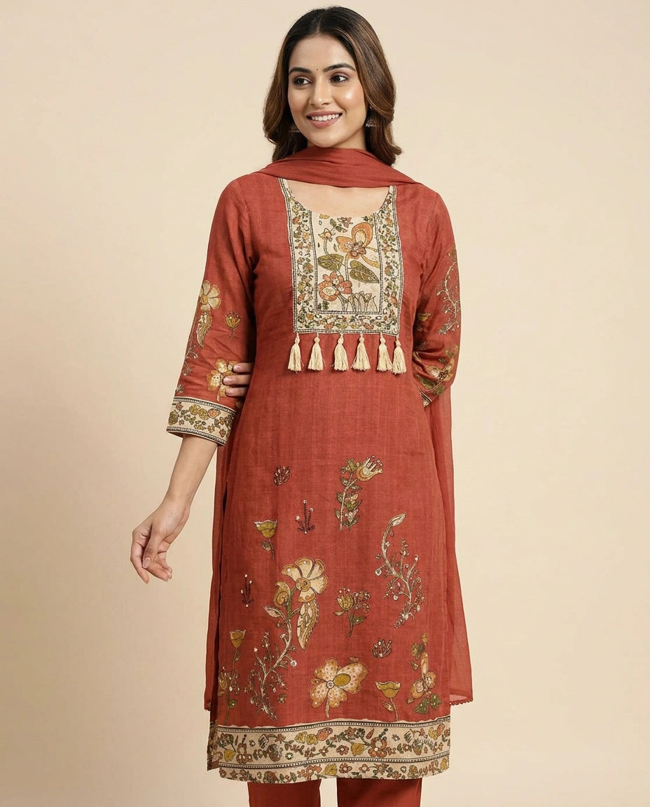 Muslin Straight Suit with Detailed Hem - Rangoli India