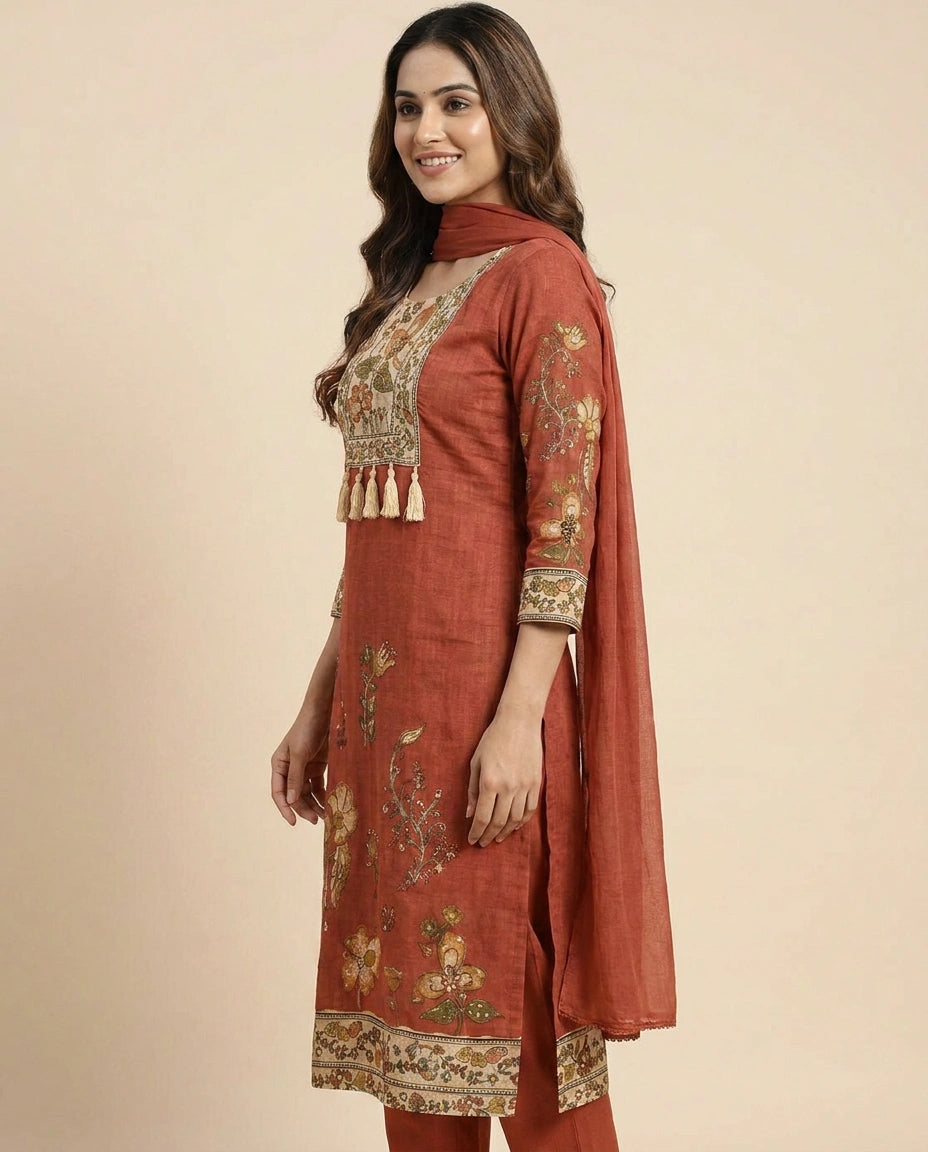 Muslin Straight Suit with Detailed Hem - Rangoli India