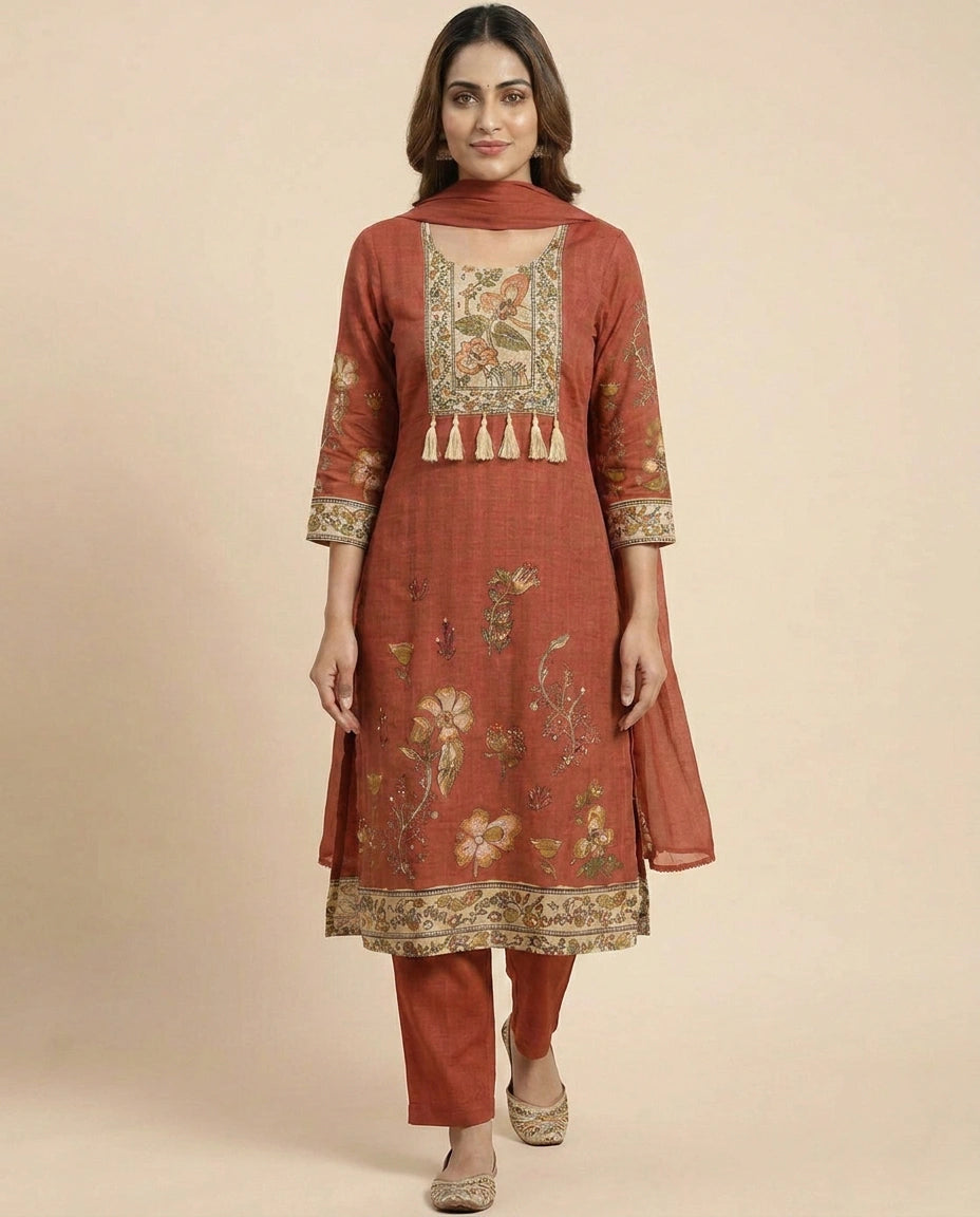 Muslin Straight Suit with Detailed Hem - Rangoli India