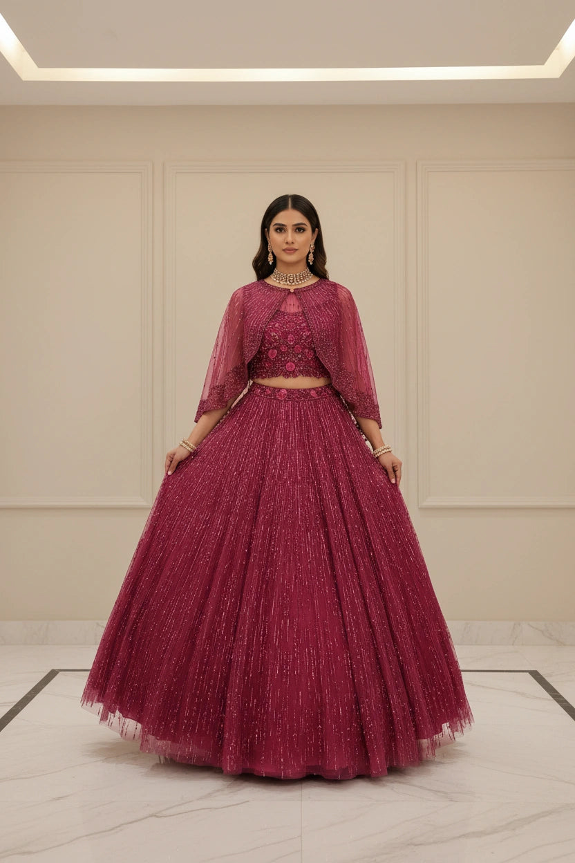 Luxe Embroidered Net Suit with Cape | Rangoli