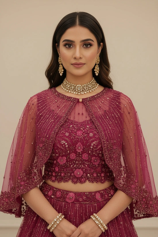 Luxe Embroidered Net Suit with Cape - View 2 | Rangoli