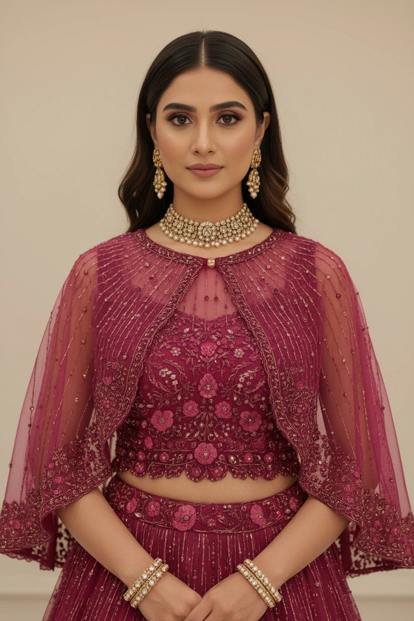 Luxe Embroidered Net Suit with Cape - View 2 | Rangoli