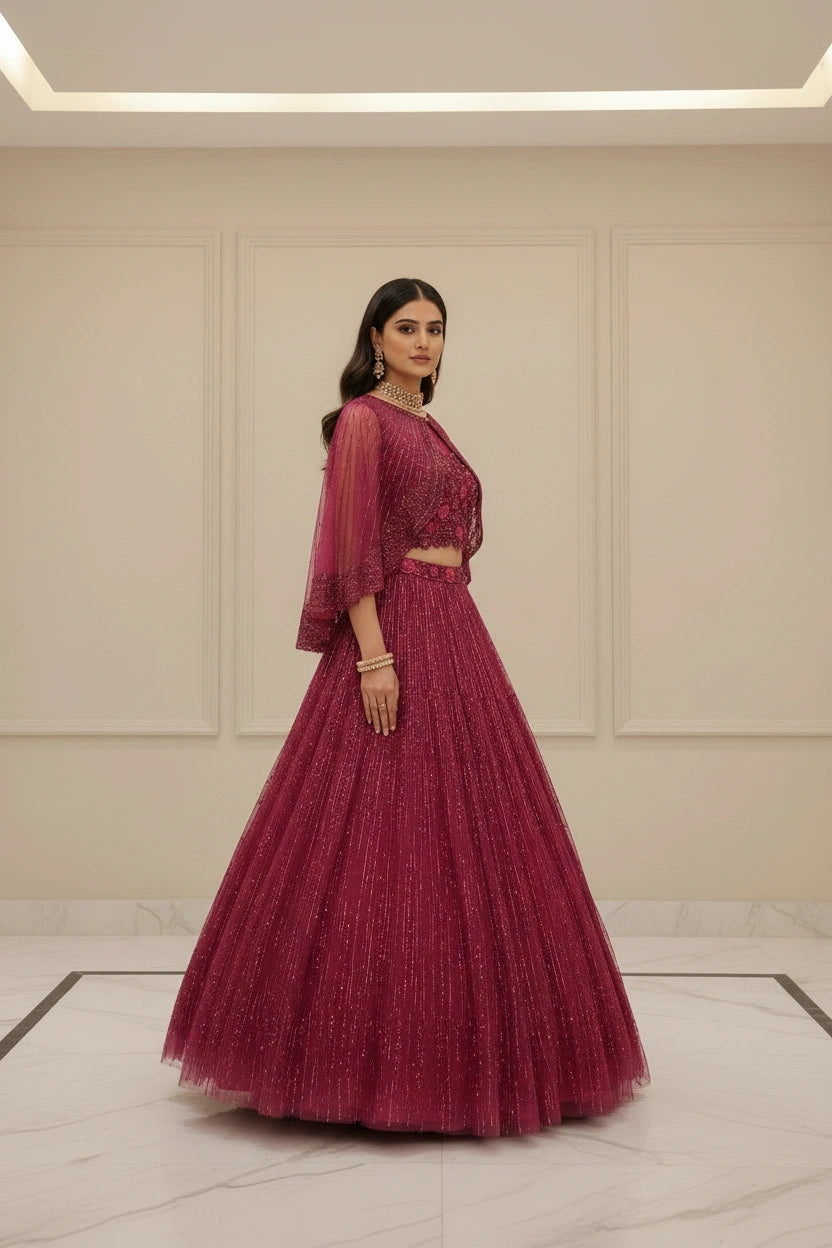 Luxe Embroidered Net Suit with Cape - View 3 | Rangoli