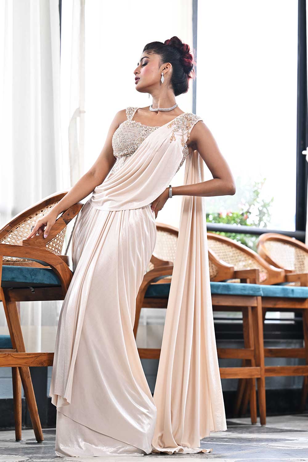 Blush Pink Designer Drape Saree