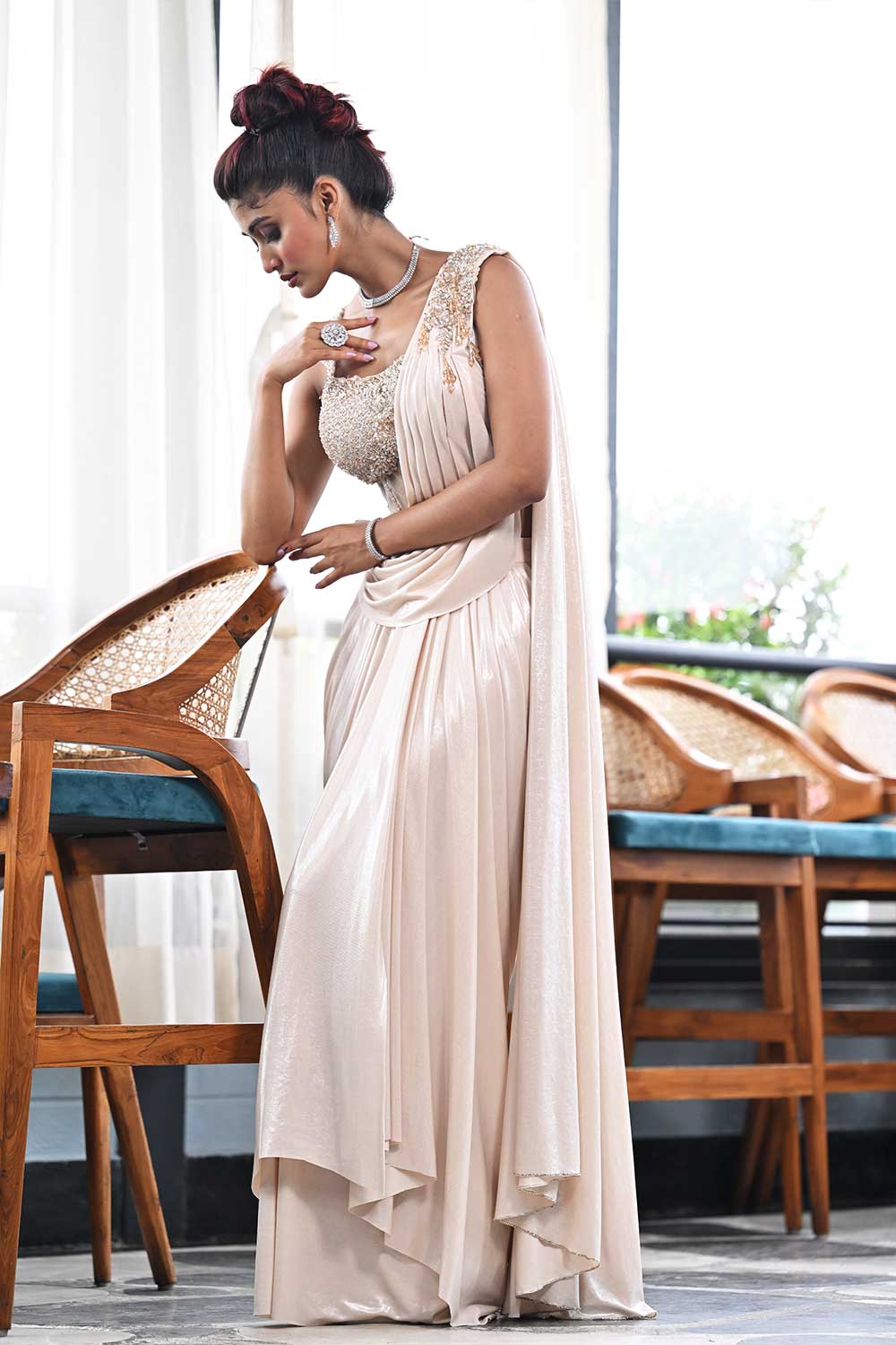 Blush Pink Designer Drape Saree