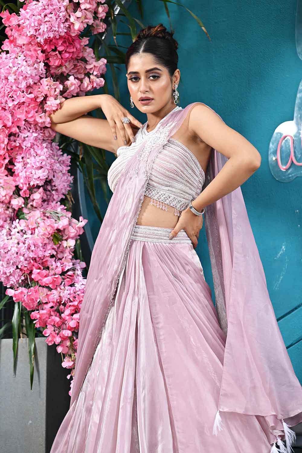 Pastel Pink Tissue Drape Saree with Embellished Blouse