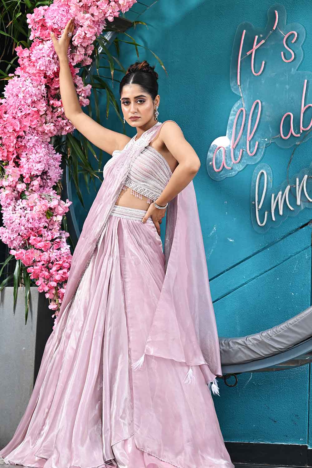 Pastel Pink Tissue Drape Saree with Embellished Blouse
