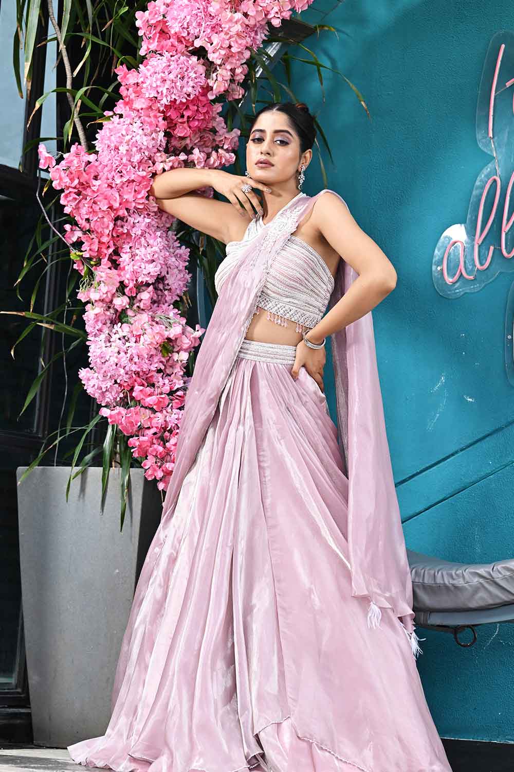 Pastel Pink Tissue Drape Saree with Embellished Blouse
