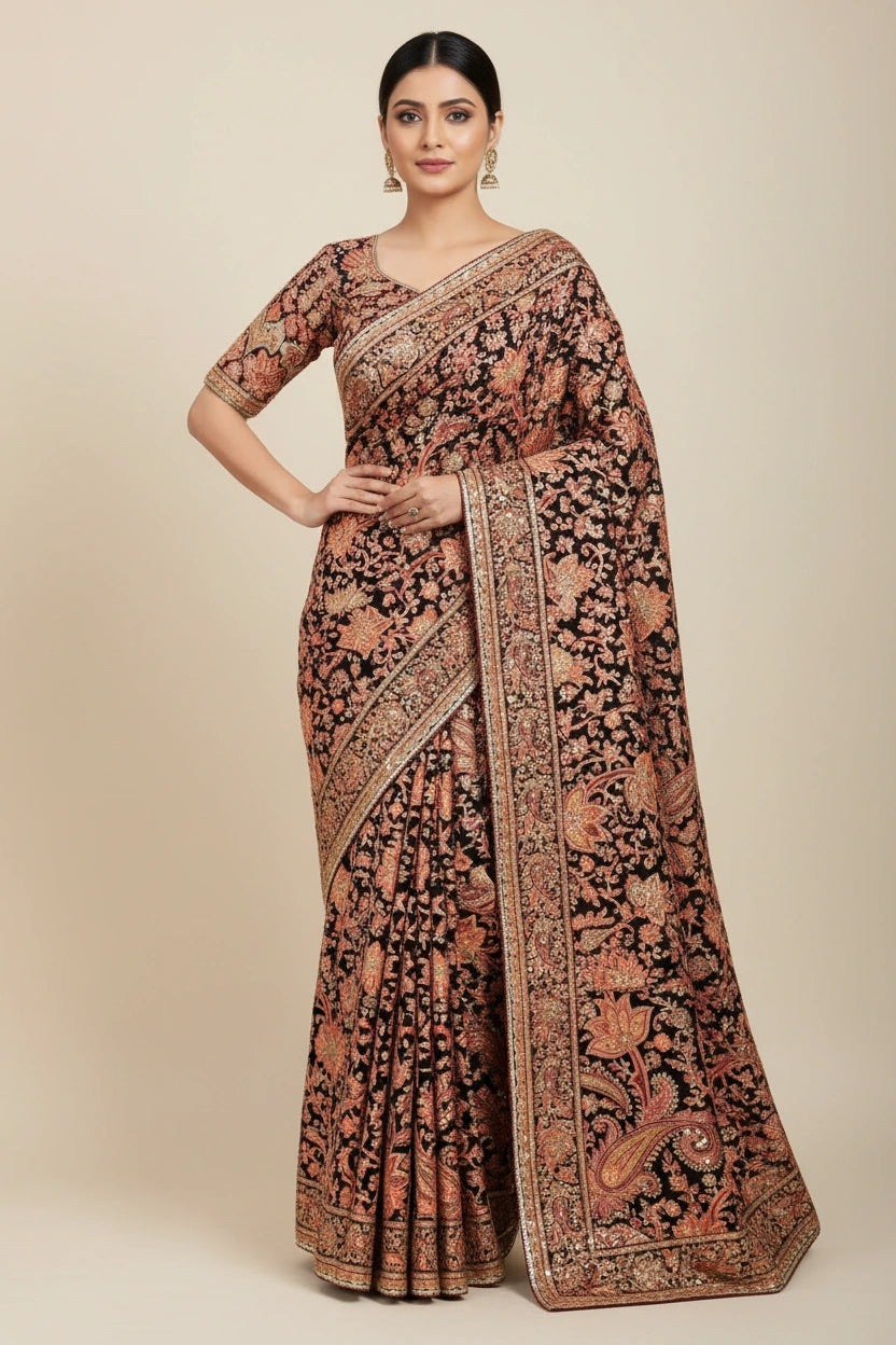 Designer Embroidered Saree with Handcrafted Statement Blouse | Rangoli