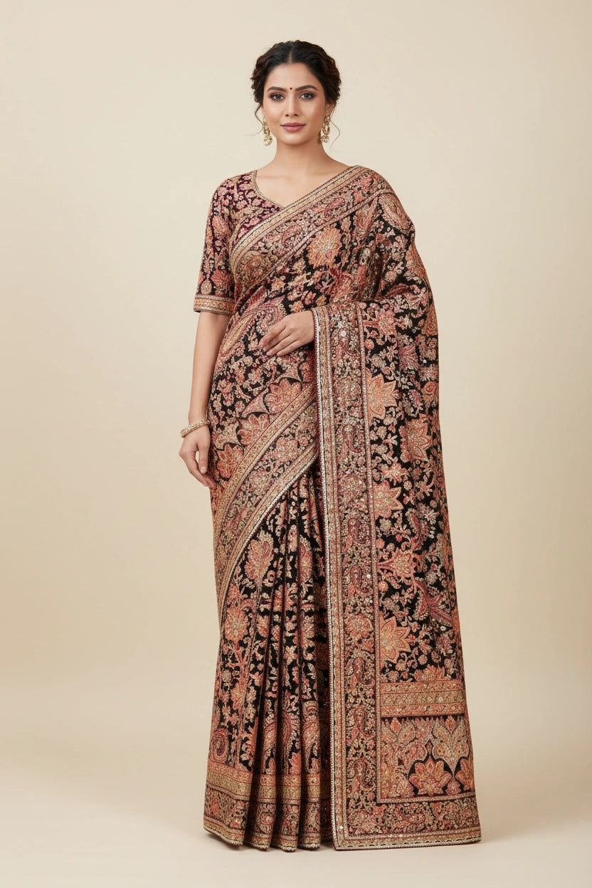 Designer Embroidered Saree with Handcrafted Statement Blouse - View 2 | Rangoli