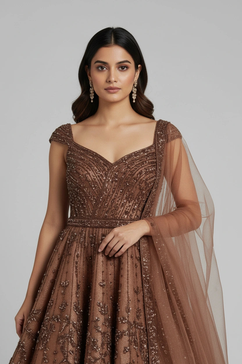 Premium Embroidered Net Suit Gown - View 2 | Rangoli