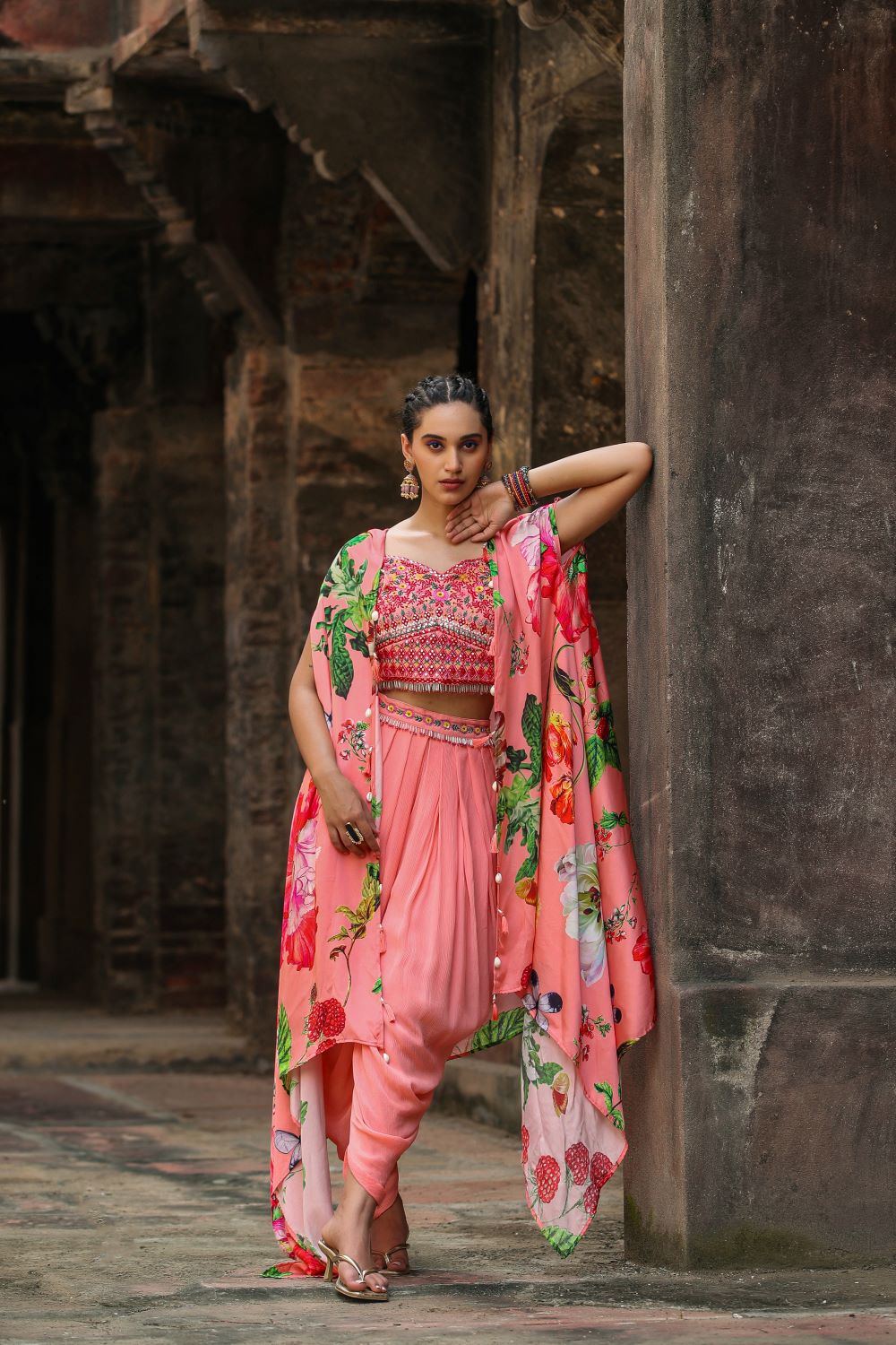 Peach Palazzo Set with Cape
