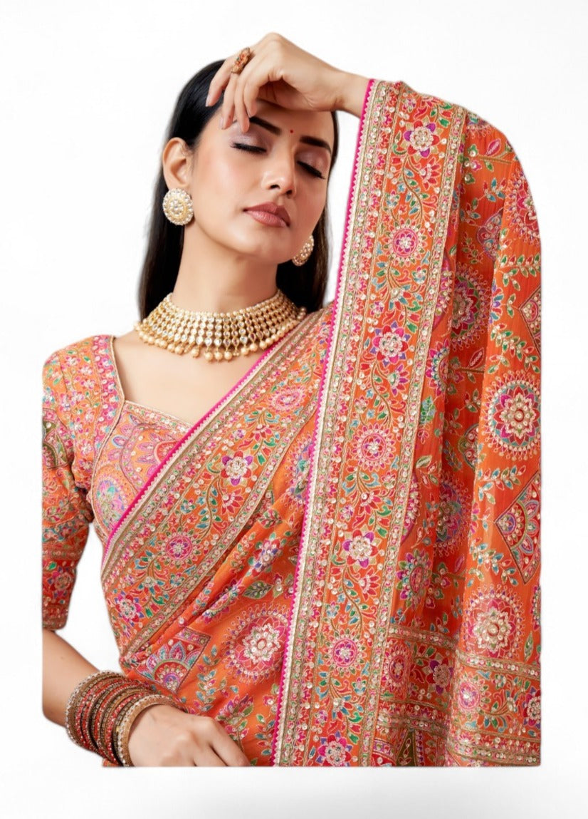 Vibrant Orange Floral Banarasi Saree with Rich Pallu