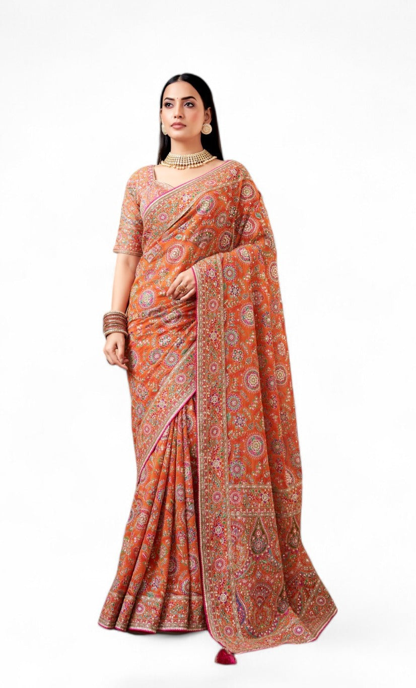 Vibrant Orange Floral Banarasi Saree with Rich Pallu