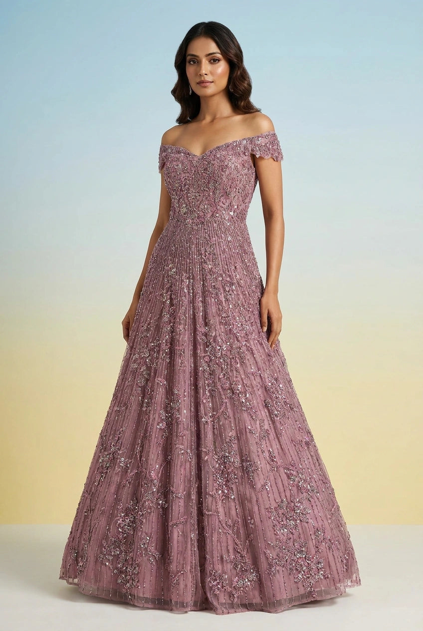Burgundy Net Anarkali Gown with Embellishment for Wedding Reception