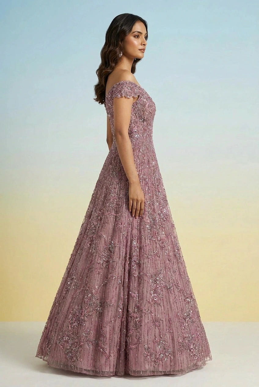 Burgundy Net Anarkali Gown with Embellishment for Wedding Reception