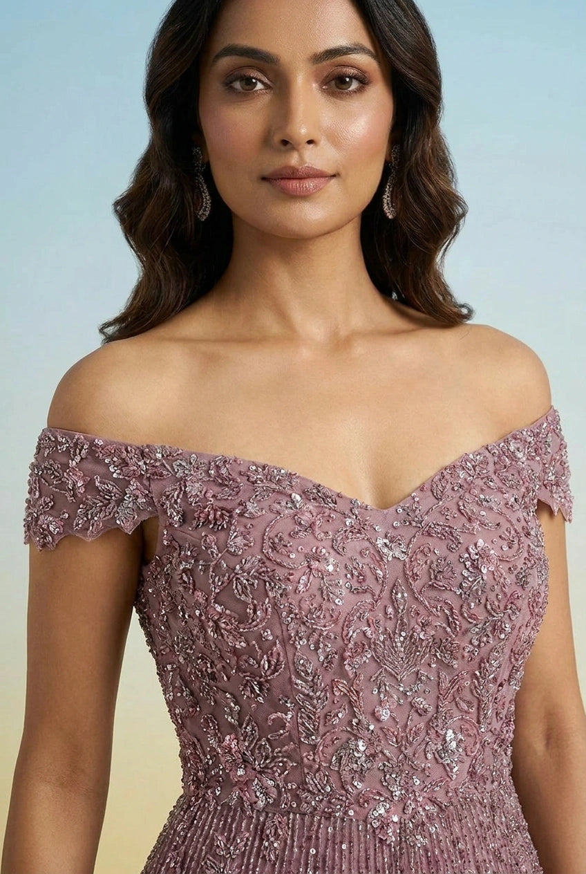 Burgundy Net Anarkali Gown with Embellishment for Wedding Reception