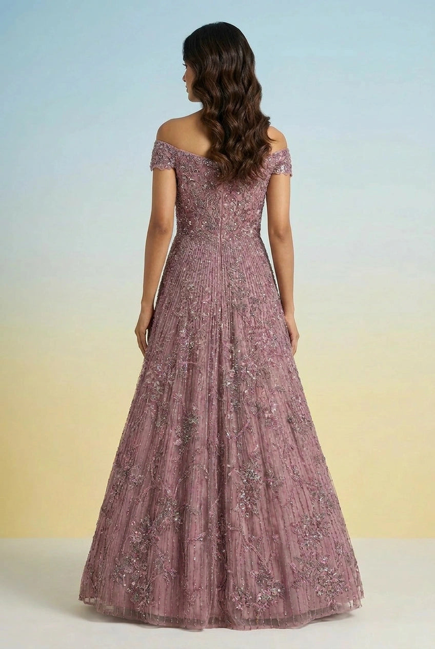 Burgundy Net Anarkali Gown with Embellishment for Wedding Reception