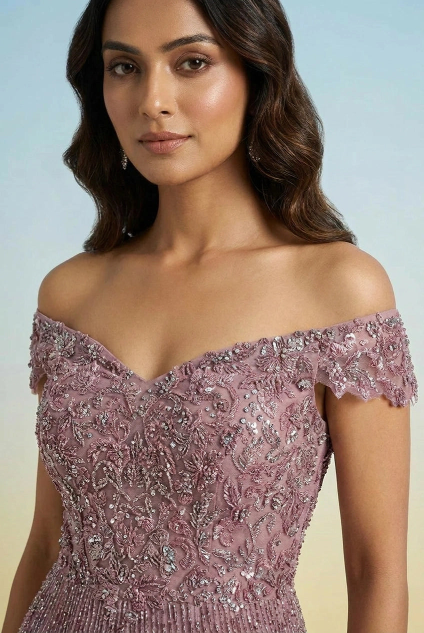 Burgundy Net Anarkali Gown with Embellishment for Wedding Reception