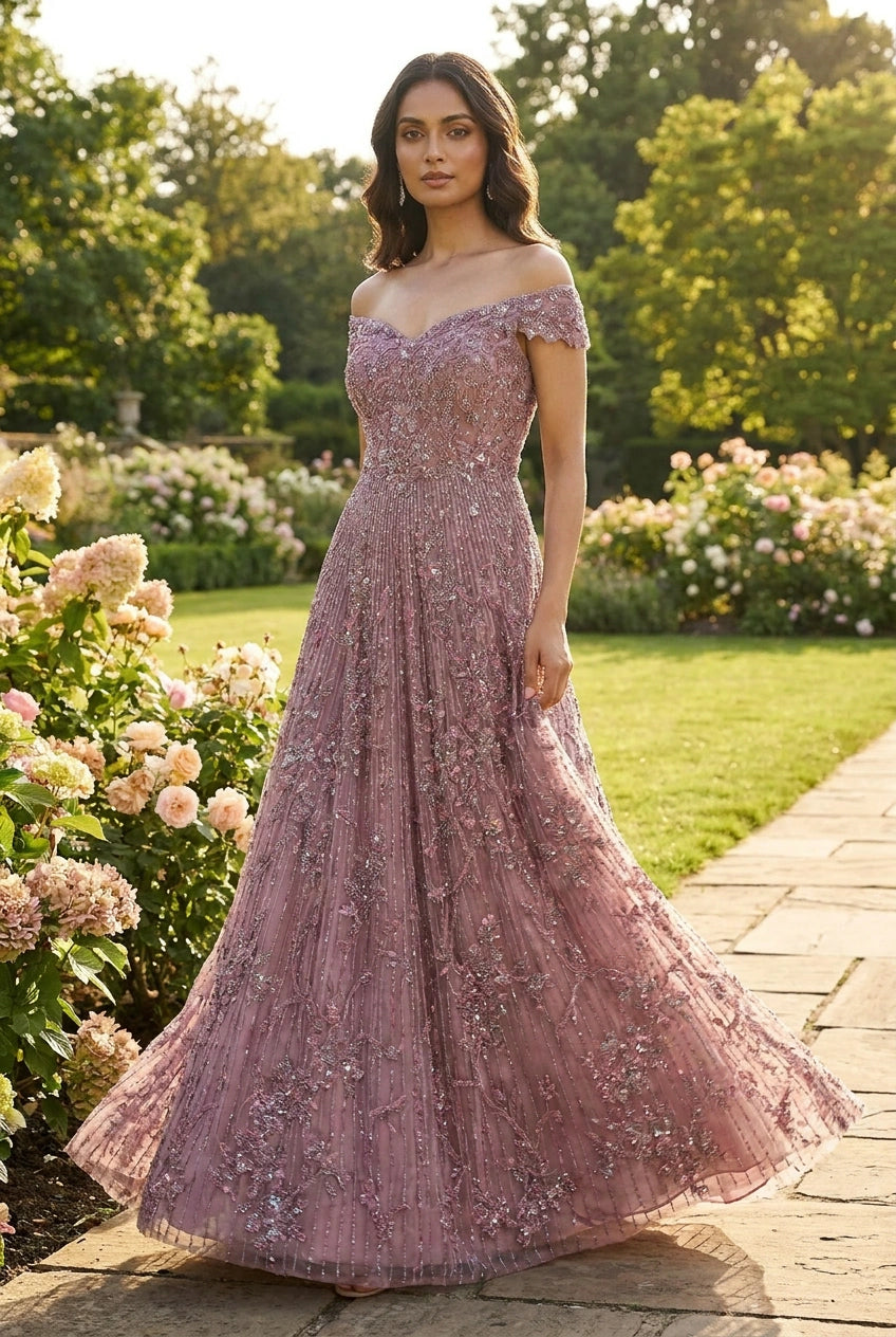 Burgundy Net Anarkali Gown with Embellishment for Wedding Reception