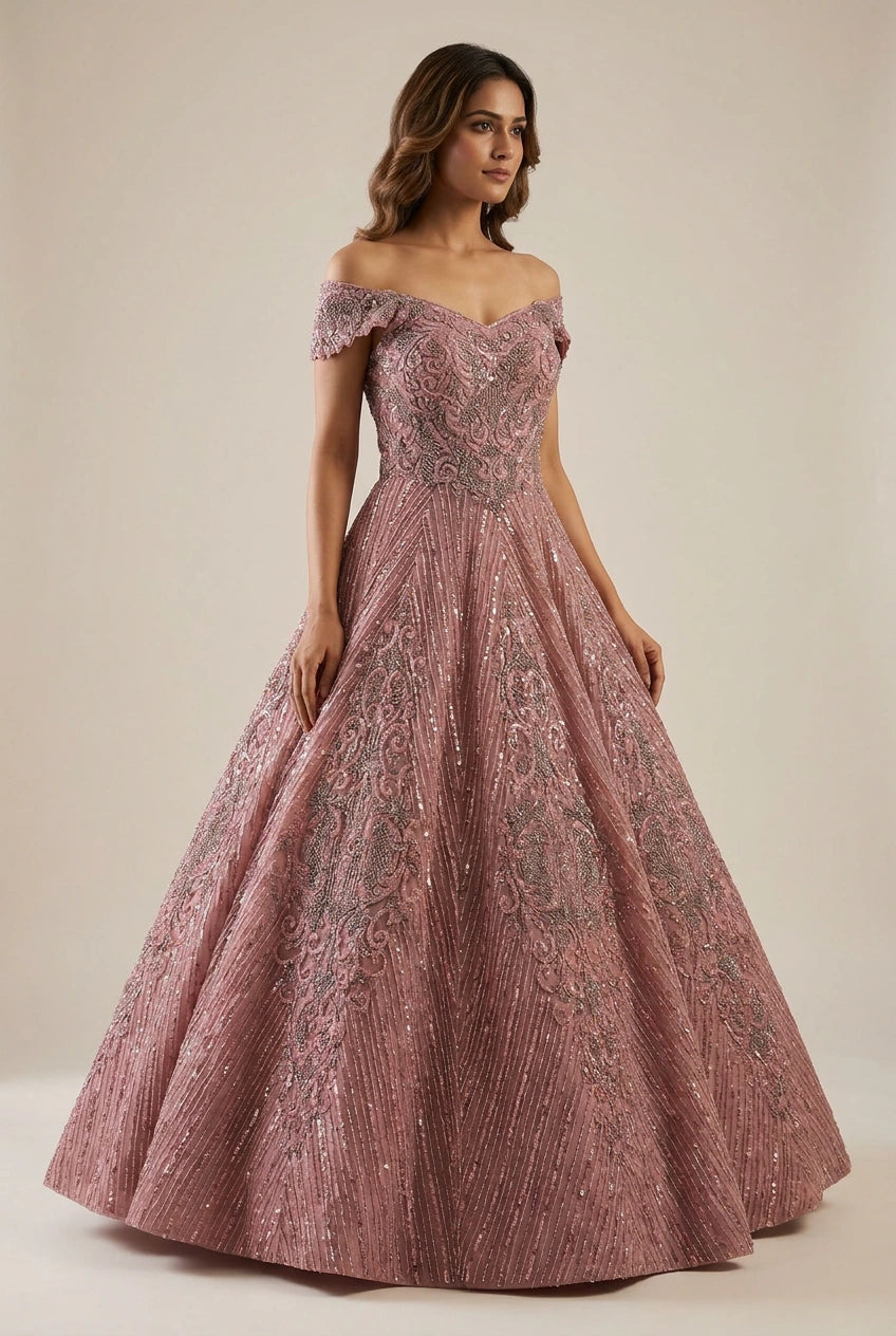 Onion/Pink Net Anarkali Gown with Sequin Bodice for Sangeet Night