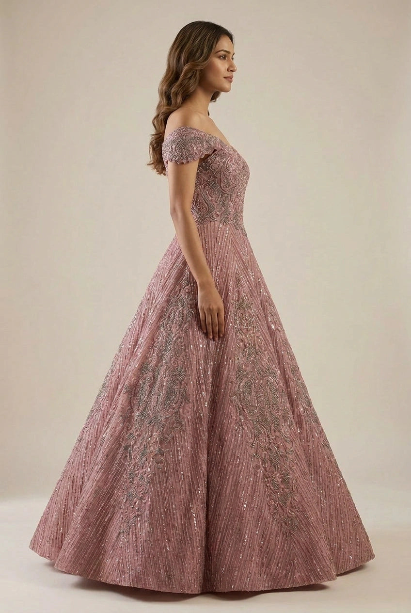 Onion/Pink Net Anarkali Gown with Sequin Bodice for Sangeet Night