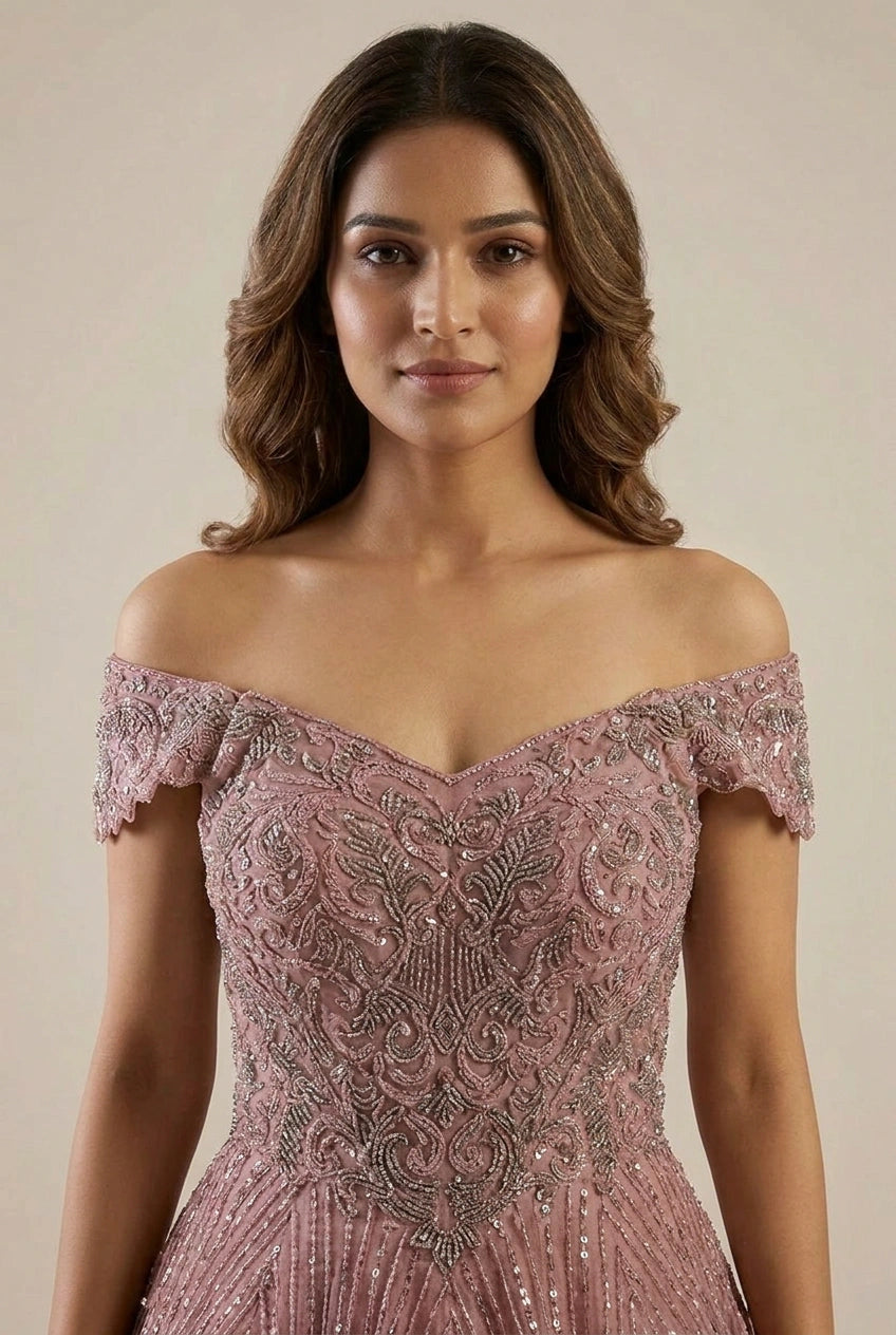 Onion/Pink Net Anarkali Gown with Sequin Bodice for Sangeet Night