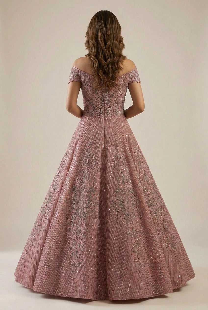 Onion/Pink Net Anarkali Gown with Sequin Bodice for Sangeet Night