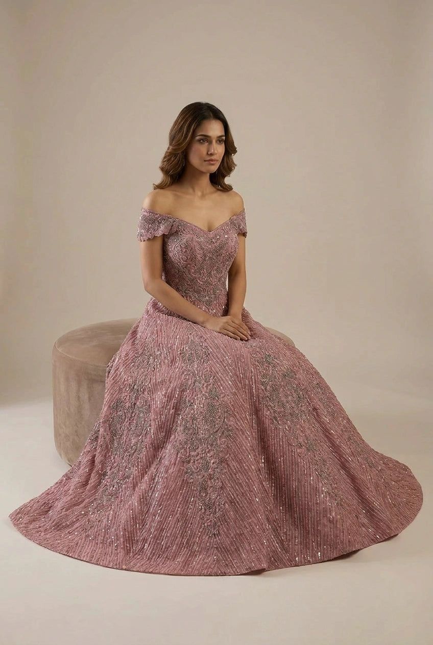 Onion/Pink Net Anarkali Gown with Sequin Bodice for Sangeet Night