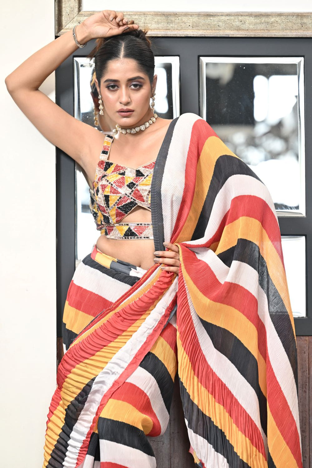 Multi-Color Pleated Saree Drape with Mirror Work Blouse