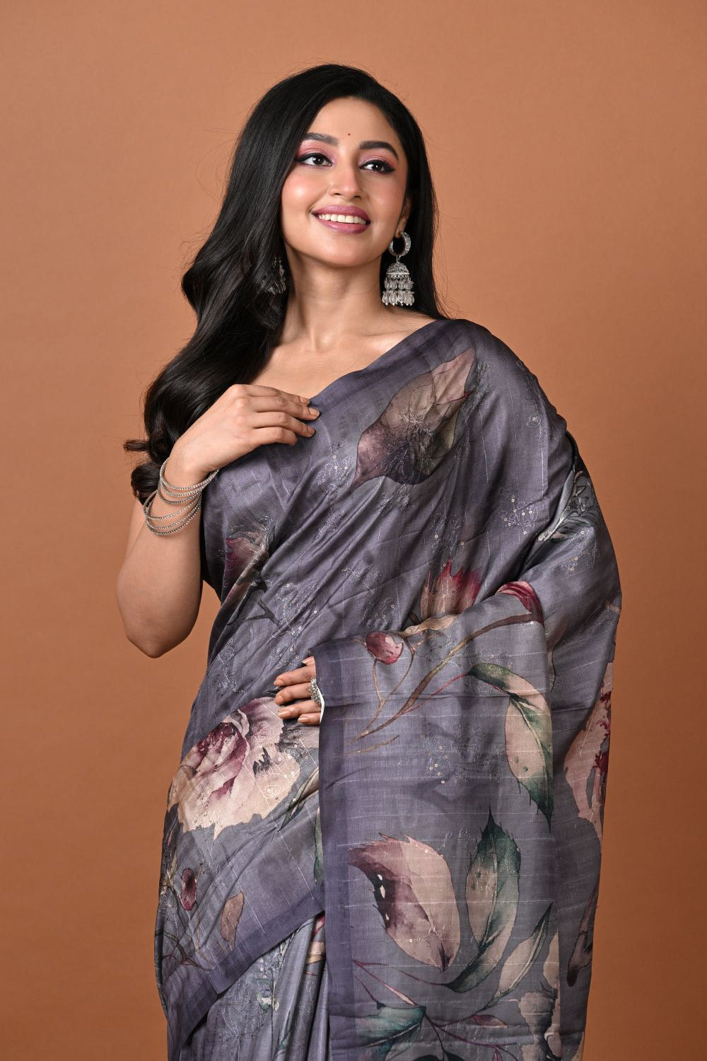 Grey Tussar Silk Embroidery Saree