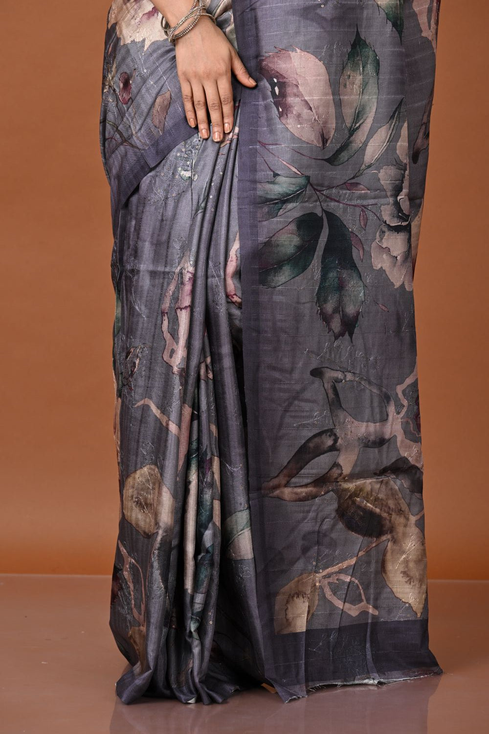 Grey Tussar Silk Embroidery Saree