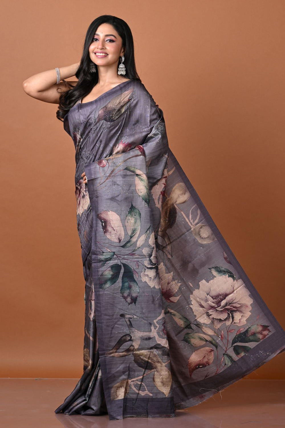 Grey Tussar Silk Embroidery Saree